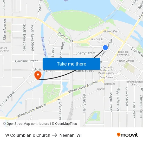 W Columbian & Church to Neenah, WI map