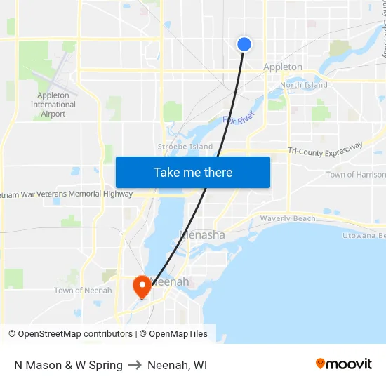 N Mason & W Spring to Neenah, WI map