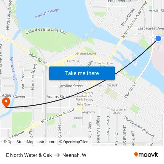 E North Water & Oak to Neenah, WI map