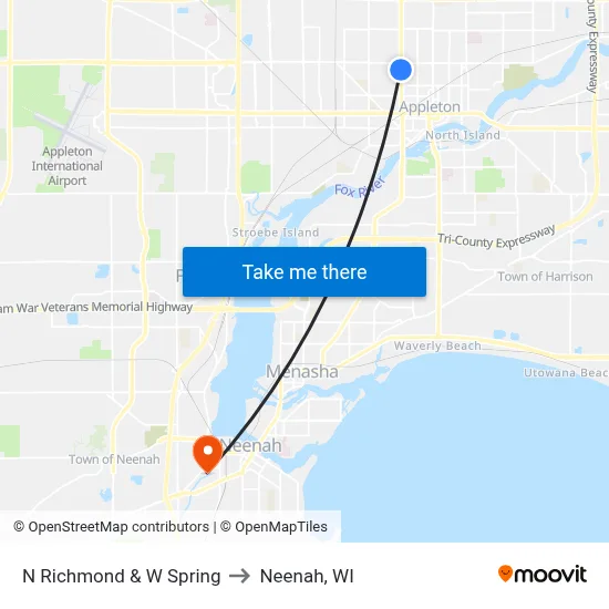N Richmond & W Spring to Neenah, WI map