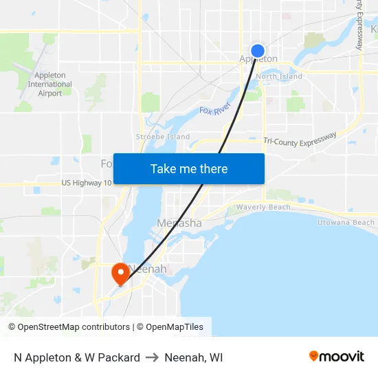 N Appleton & W Packard to Neenah, WI map