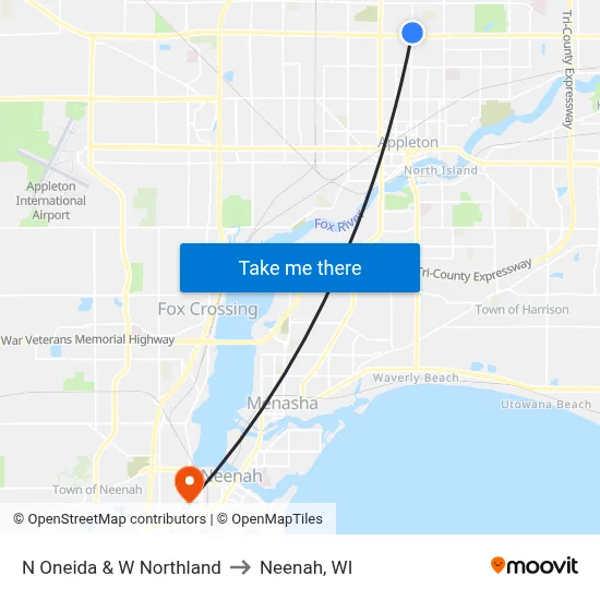 N Oneida & W Northland to Neenah, WI map