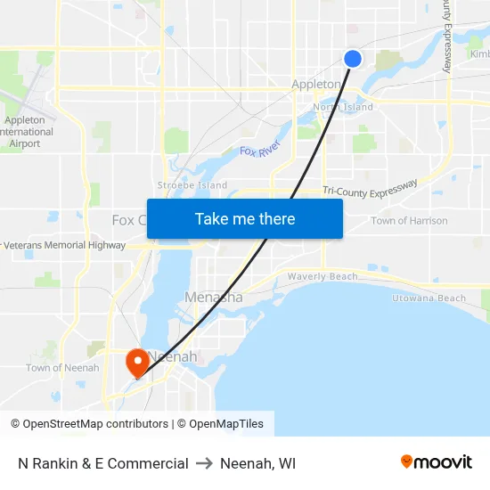 N Rankin & E Commercial to Neenah, WI map