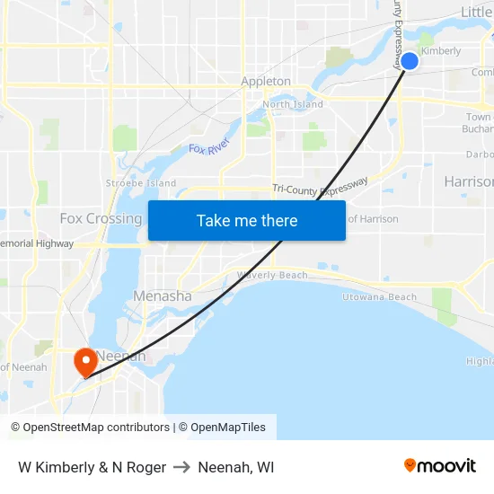 W Kimberly & N Roger to Neenah, WI map