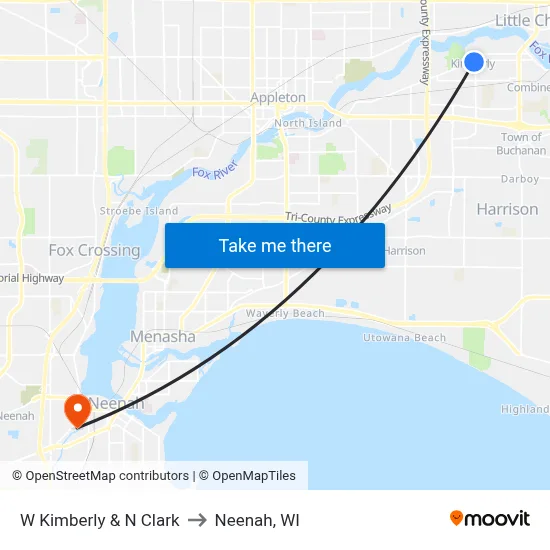 W Kimberly & N Clark to Neenah, WI map