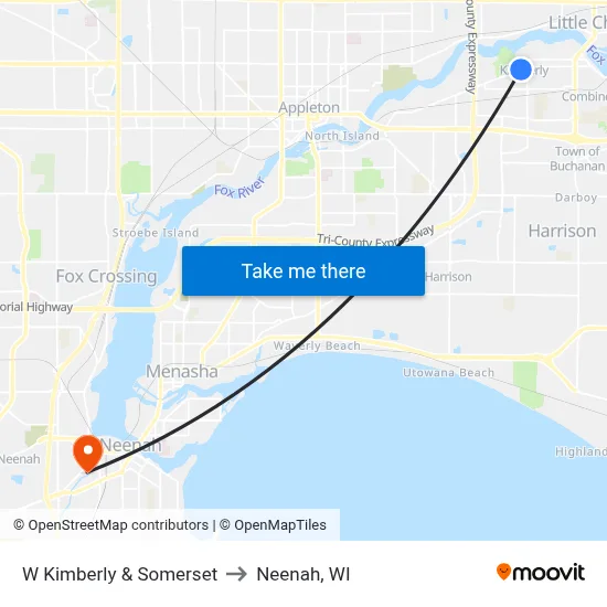W Kimberly & Somerset to Neenah, WI map