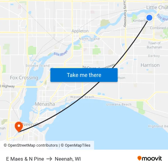 E Maes & N Pine to Neenah, WI map