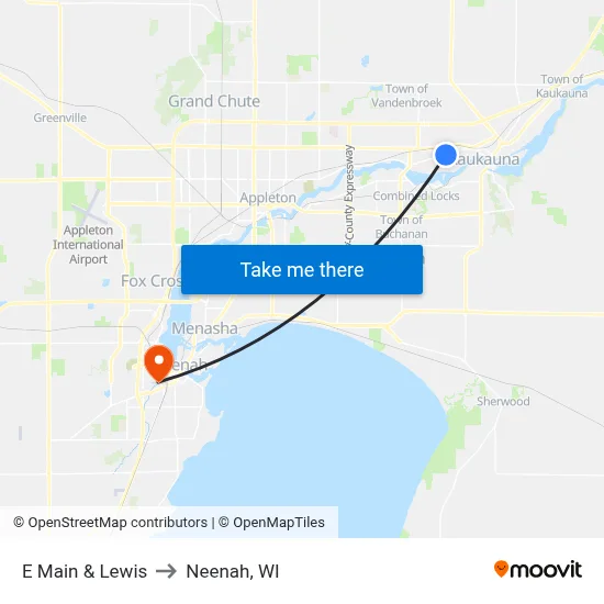 E Main & Lewis to Neenah, WI map