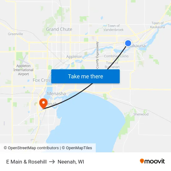 E Main & Rosehill to Neenah, WI map