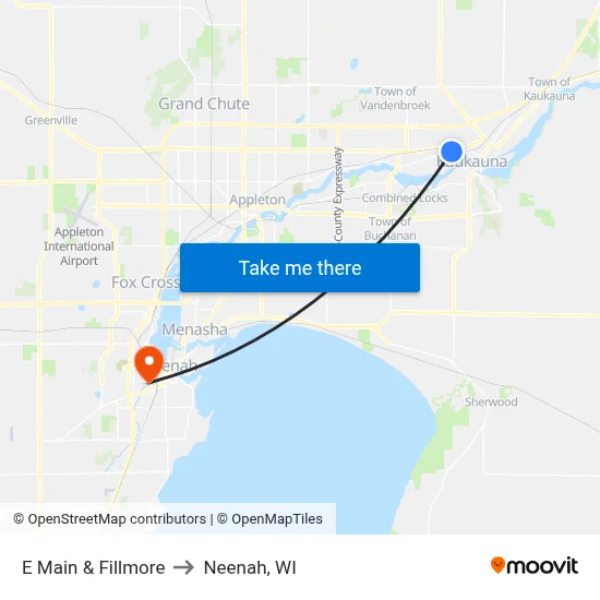 E Main & Fillmore to Neenah, WI map