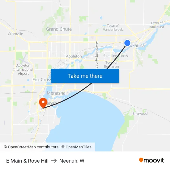 E Main & Rose Hill to Neenah, WI map