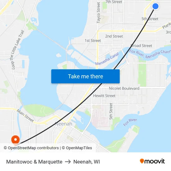 Manitowoc & Marquette to Neenah, WI map