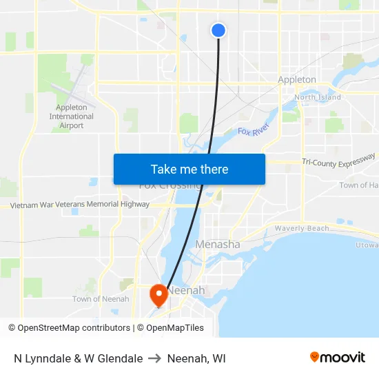 N Lynndale & W Glendale to Neenah, WI map