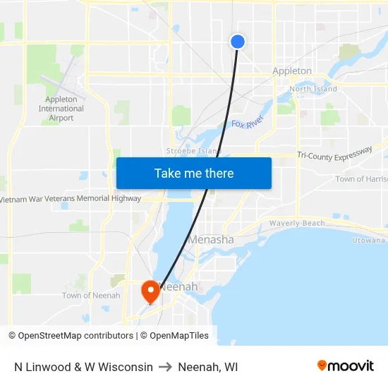 N Linwood & W Wisconsin to Neenah, WI map