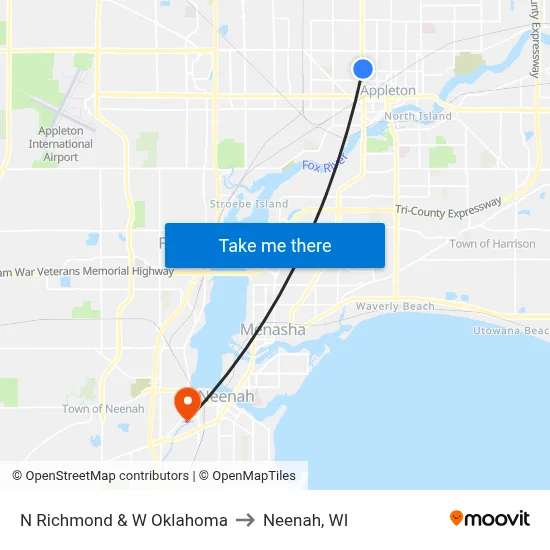 N Richmond & W Oklahoma to Neenah, WI map