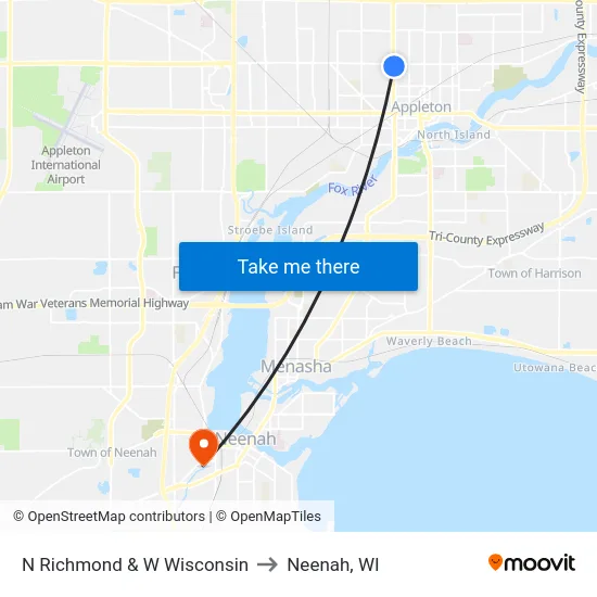 N Richmond & W Wisconsin to Neenah, WI map