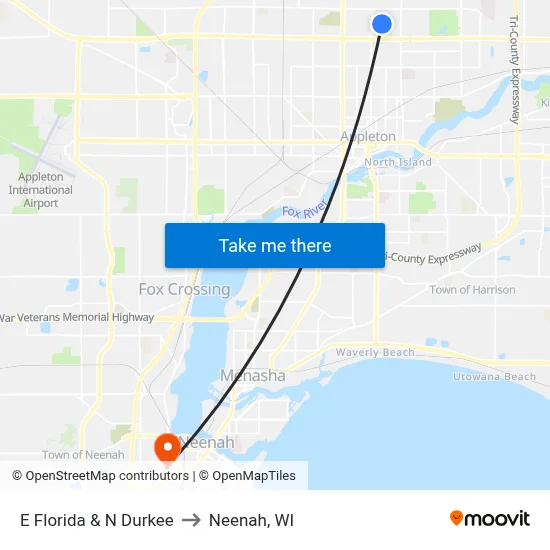 E Florida & N Durkee to Neenah, WI map
