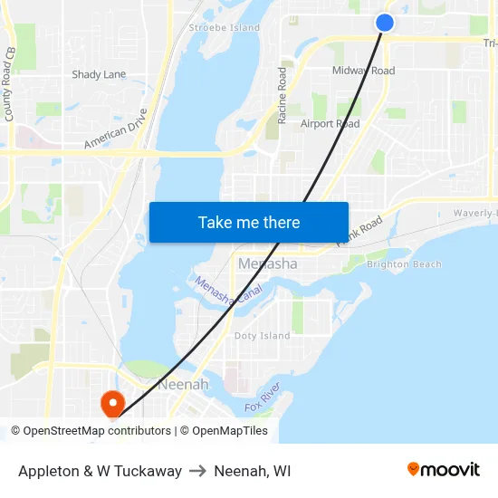 Appleton & W Tuckaway to Neenah, WI map