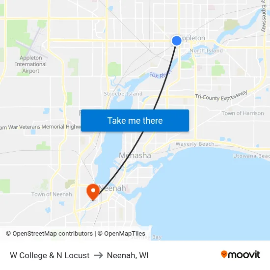 W College & N Locust to Neenah, WI map
