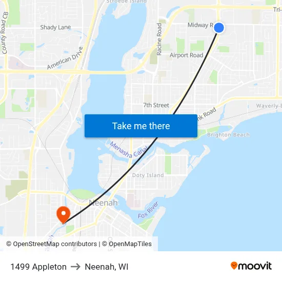 1499 Appleton to Neenah, WI map