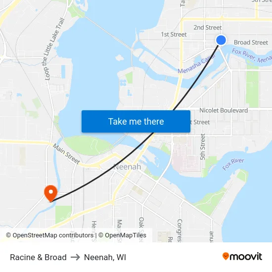 Racine & Broad to Neenah, WI map
