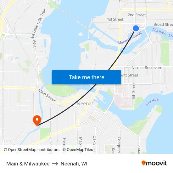 Main & Milwaukee to Neenah, WI map