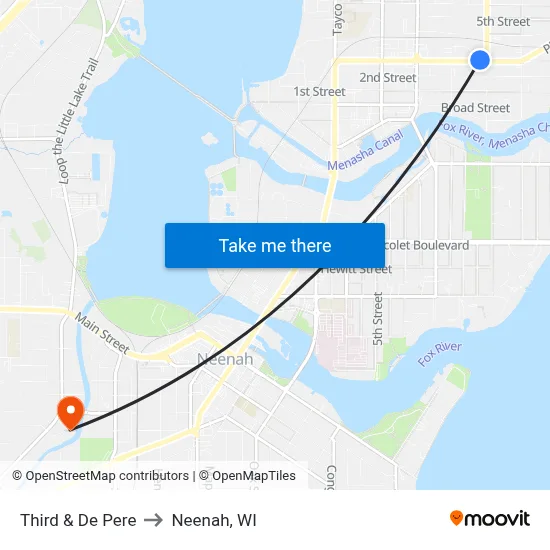Third & De Pere to Neenah, WI map