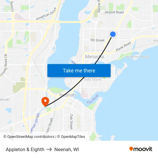 Appleton & Eighth to Neenah, WI map