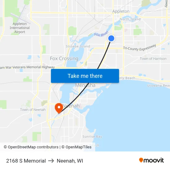 2168 S Memorial to Neenah, WI map