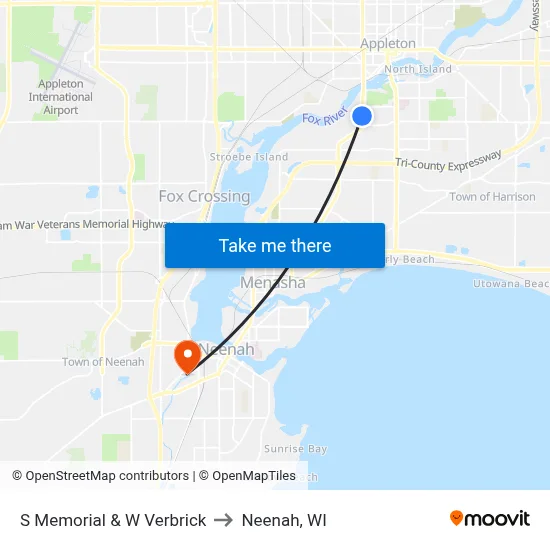 S Memorial & W Verbrick to Neenah, WI map