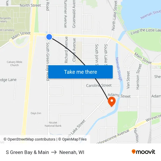 S Green Bay & Main to Neenah, WI map