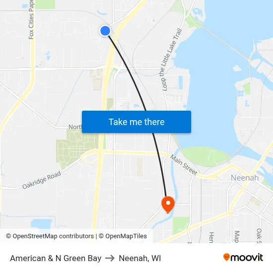 American & N Green Bay to Neenah, WI map