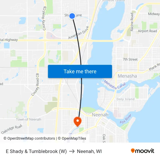 E Shady & Tumblebrook (W) to Neenah, WI map