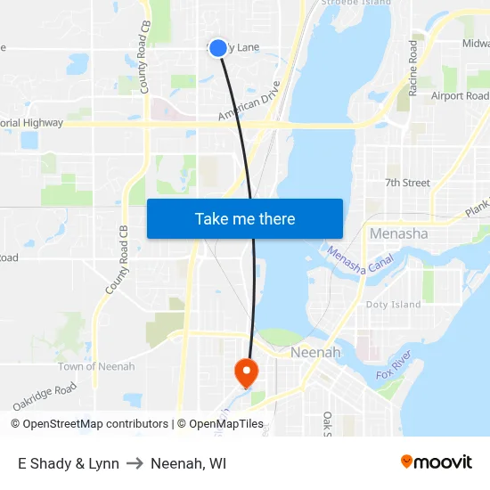 E Shady & Lynn to Neenah, WI map