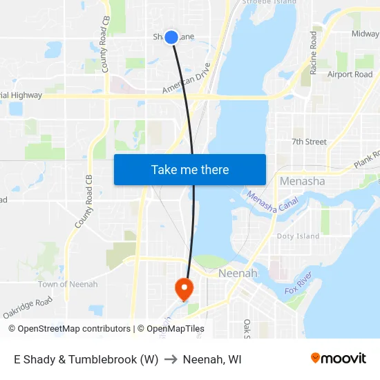 E Shady & Tumblebrook (W) to Neenah, WI map
