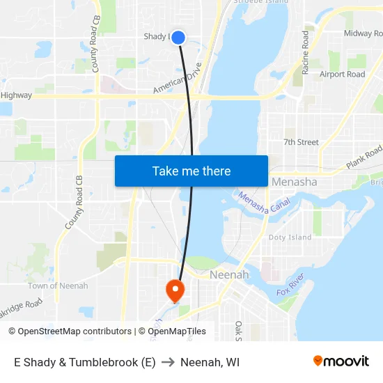 E Shady & Tumblebrook (E) to Neenah, WI map