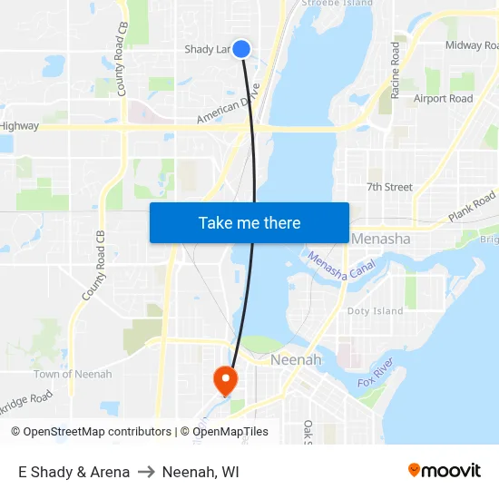 E Shady & Arena to Neenah, WI map
