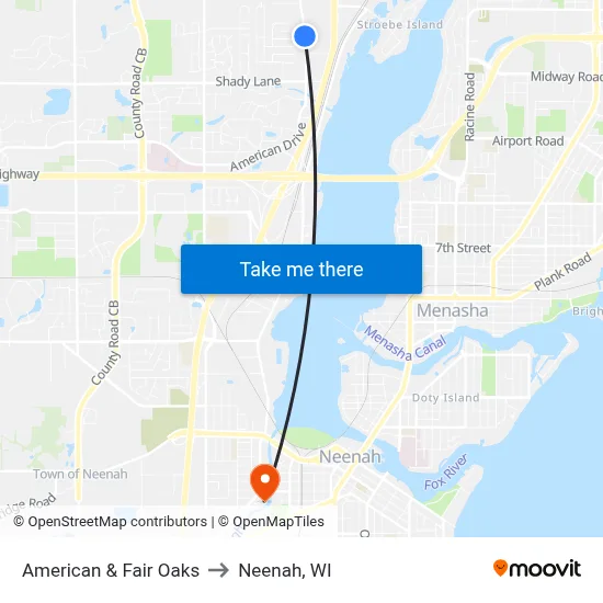 American & Fair Oaks to Neenah, WI map