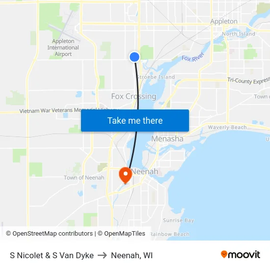 S Nicolet & S Van Dyke to Neenah, WI map