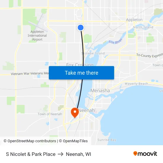 S Nicolet & Park Place to Neenah, WI map