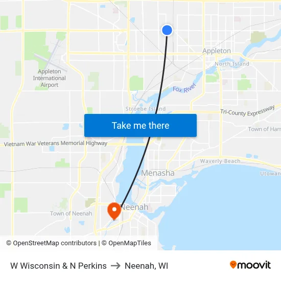 W Wisconsin & N Perkins to Neenah, WI map