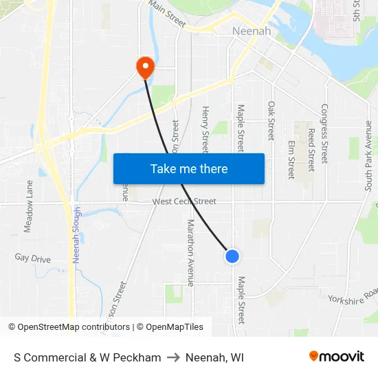 S Commercial & W Peckham to Neenah, WI map