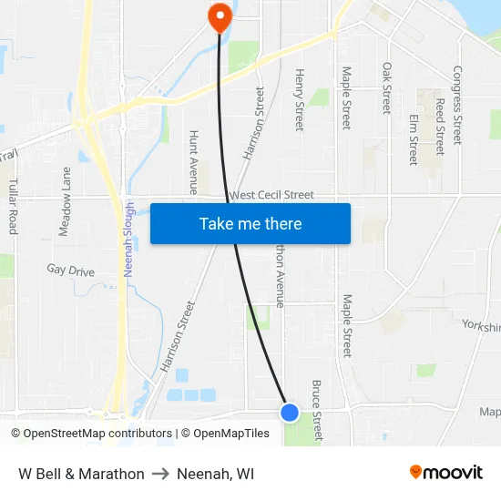 W Bell & Marathon to Neenah, WI map