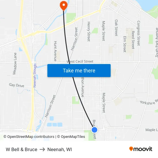 W Bell & Bruce to Neenah, WI map