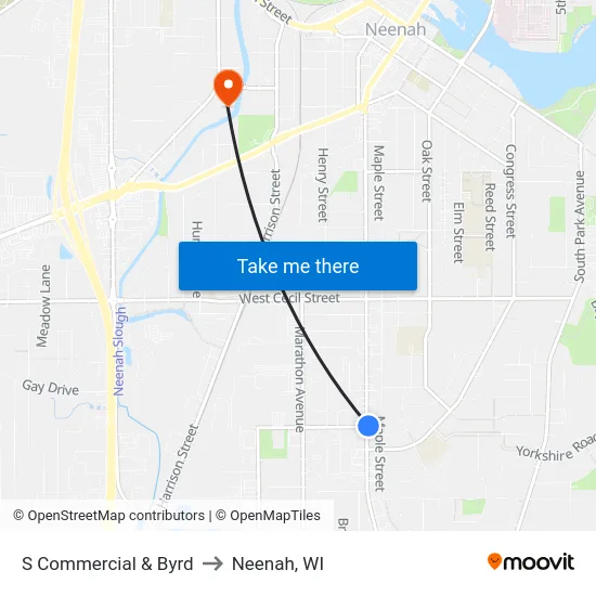 S Commercial & Byrd to Neenah, WI map