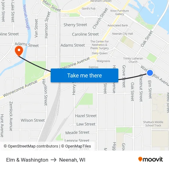 Elm & Washington to Neenah, WI map