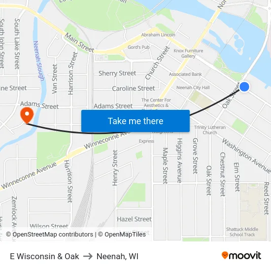E Wisconsin & Oak to Neenah, WI map