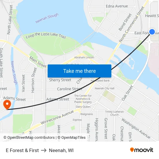E Forest & First to Neenah, WI map