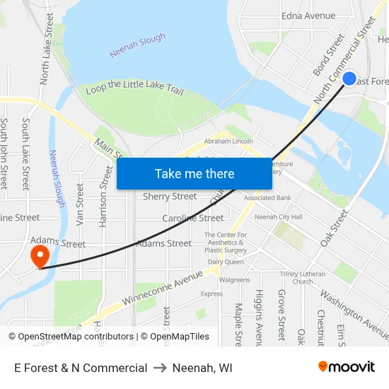 E Forest & N Commercial to Neenah, WI map