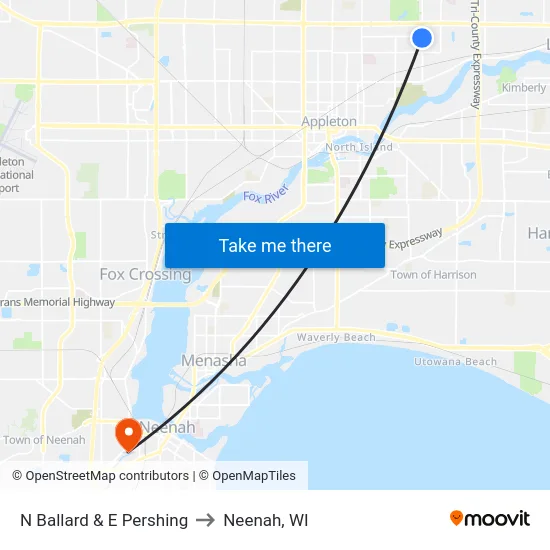 N Ballard & E Pershing to Neenah, WI map